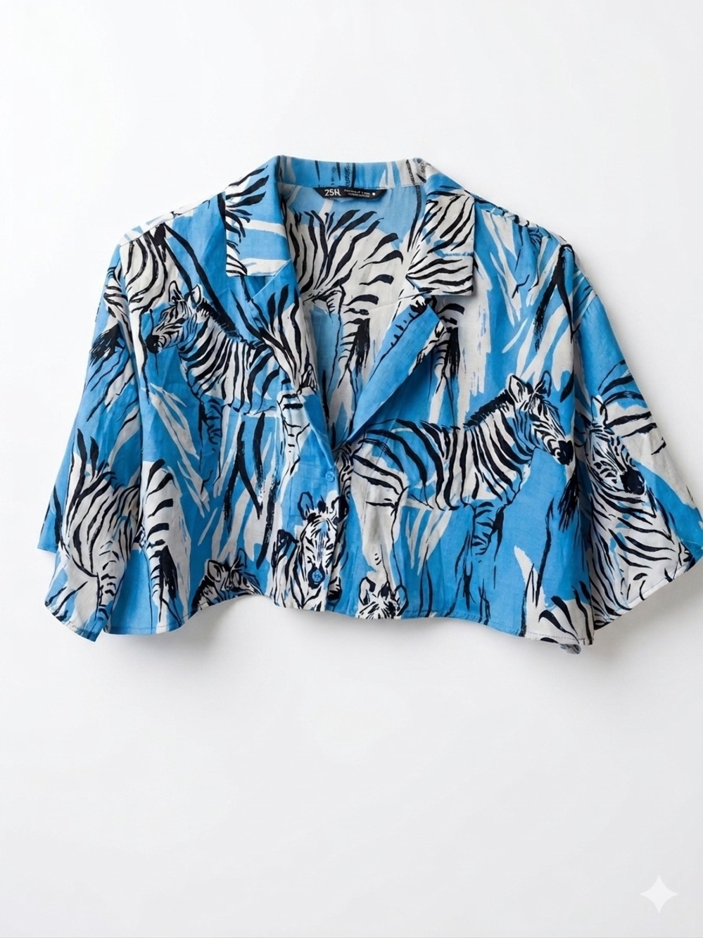 Zara Blue Zebra-Print Cropped Button Front Top